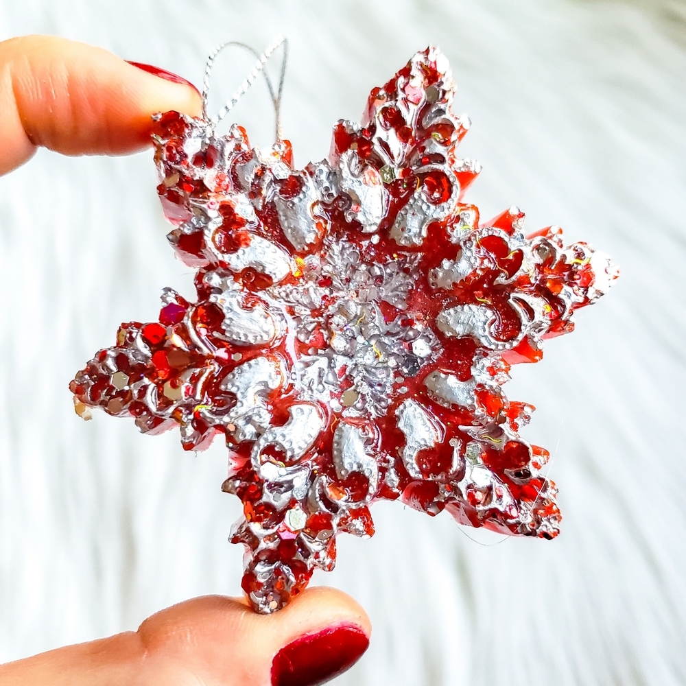 Handmade Christmas Tree Ornaments, Star, Snowflake, Red / Silver - Picture 5 of 11